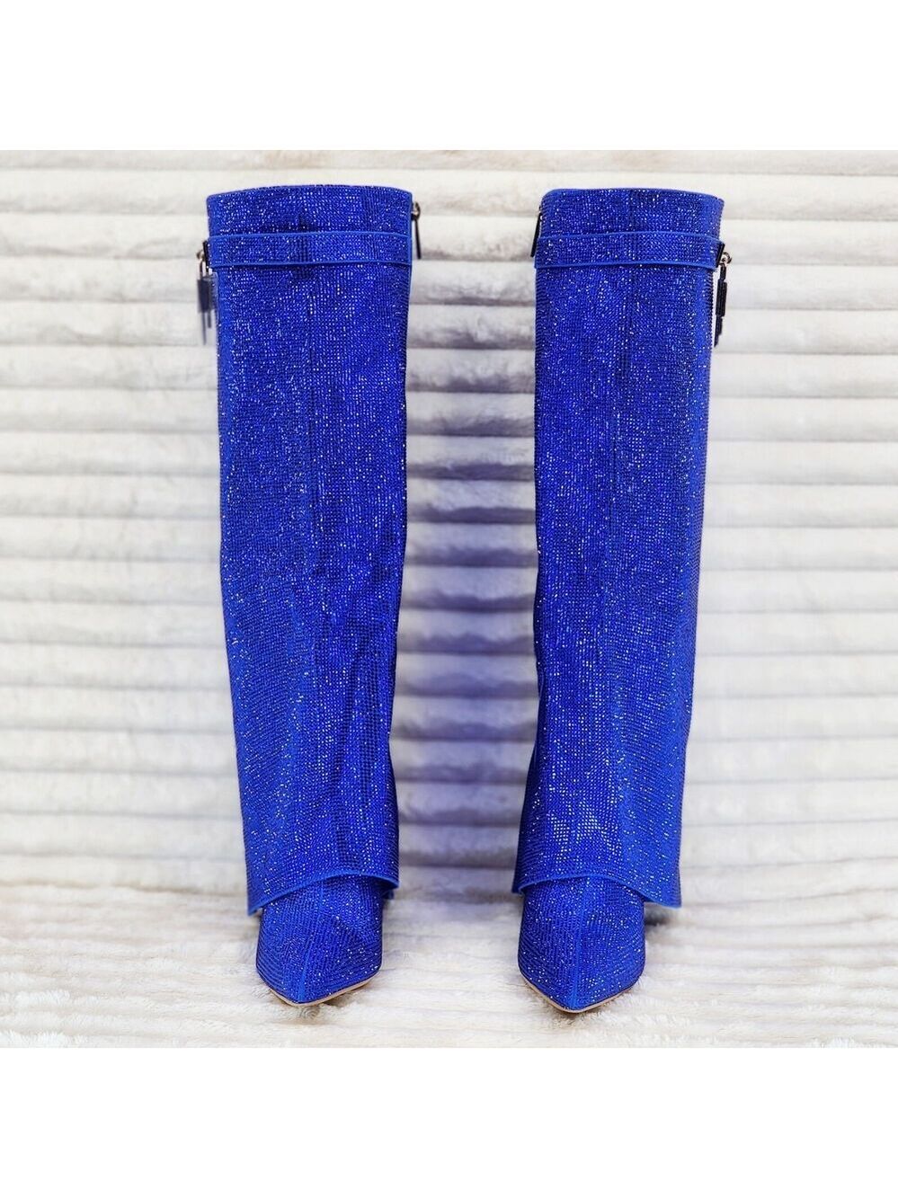 NIB Super Sparkle Sharky Skirted Fold Over Wedge Heel Knee Boots Royal Blue - Picture 14 of 15